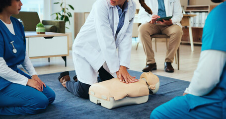 Hands, cpr or doctor teaching with mannequin for first aid practice, cardiac arrest or safety protocol. Healthcare class, nurses or students in medical simulation, paramedic course or nursing school