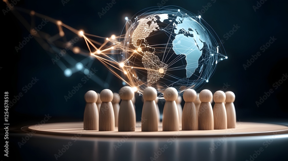 Poster Minimalist wooden figurines arranged in a structured formation with a futuristic glowing digital globe hovering above symbolizing worldwide connectivity through dynamic network links
