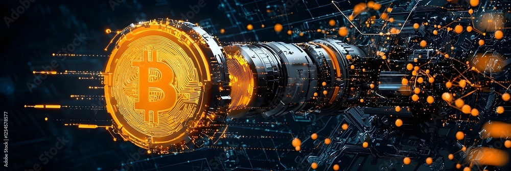 Leinwandbilder digital of a glowing bitcoin cryptocurrency coin floating amidst a complex and interconnected blockc