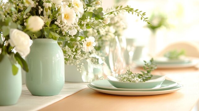 Elegant Floral Table Setting with Soft Mint Vases and White Flowers. Generative AI - Powered by Adobe
