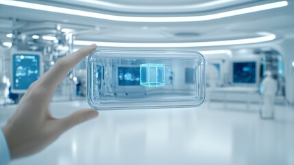 A hand holding clear object, study of transparency and minimalism in interior spaces