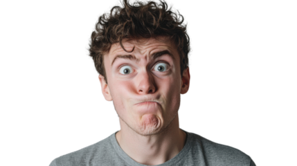 Young man making funny face with transparent background