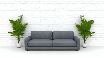 Fototapeta premium Gray Sofa 3D Render with Plants and White Brick Wall