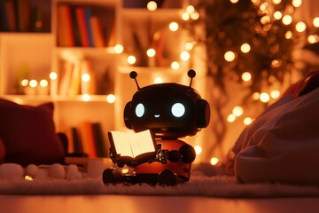 Robot reads glowing book in cozy room with soft lights for holiday advertising