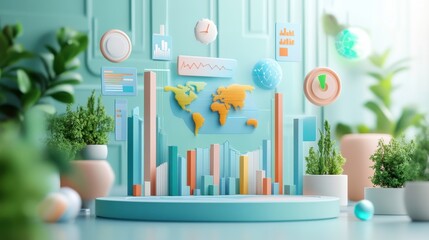 A vibrant display featuring a world map, colorful bar graphs, and decorative plants, set against a mint green background, ideal for showcasing data or presentations.