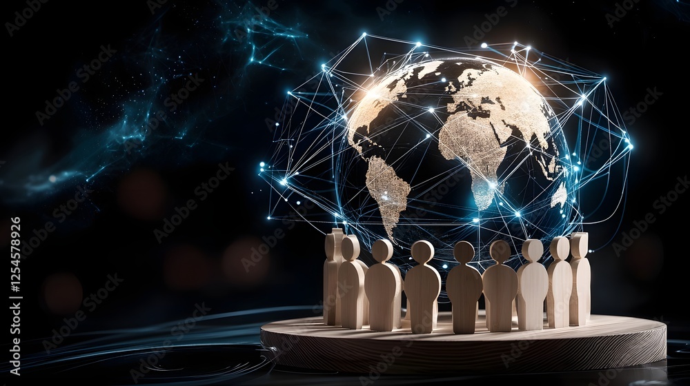 Poster Harmonious Global Connectivity Wooden Figures Gathered Around Glowing Planetary Sphere with Intricate Network Links Representing Futuristic Energy Flow and Symbolizing Worldwide Relations and