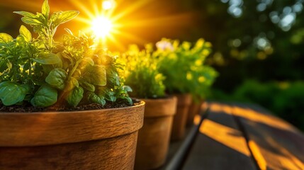 Fresh Herbs in Pots with Sunlight Glowing Over Green Plants. Generative AI