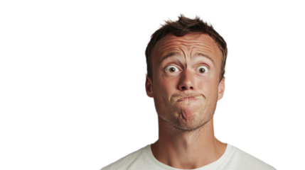 Portrait of young man making funny face on transparent background