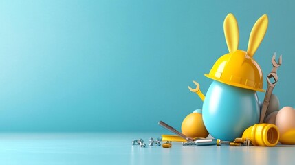 Easter Bunny with Tools and Gear on a Light Blue Background. Generative AI