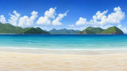 Obraz premium Tranquil beach painting, majestic mountain meets serene coastal landscape 