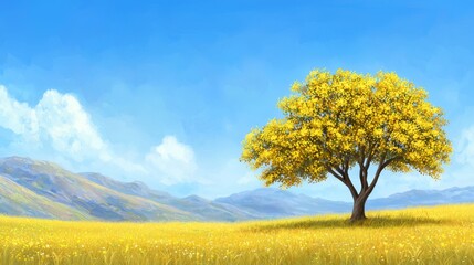 Captivating landscape, solitary tree in an expansive field painting serene