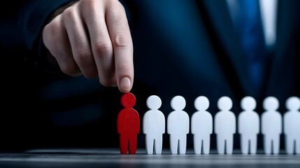 Guiding hand placing a red wooden figure in front of a structured line of white figures representing vision and leadership with ambient glowing technology inspired elements in the background