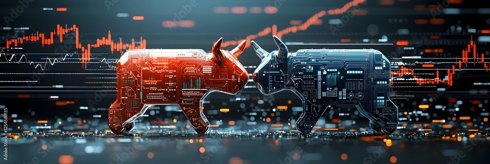 Leinwandbilder dynamic and evolving financial market trends illustrated with digital bull and bear icons on abstrac