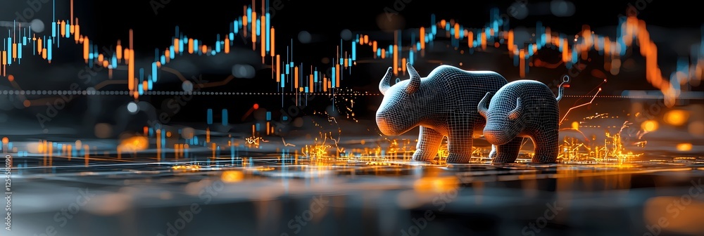 Poster dynamic and visually captivating financial chart showcasing bull and bear market trends and icons fo