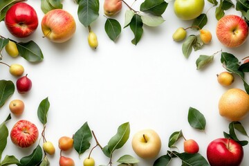 Fresh Pears and Apples Surrounded by Green Leaves on White Background