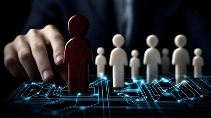Dynamic visualization of a prominent red wooden figure standing out among a row of white figures surrounded by abstract glowing leadership symbols and futuristic technology networks