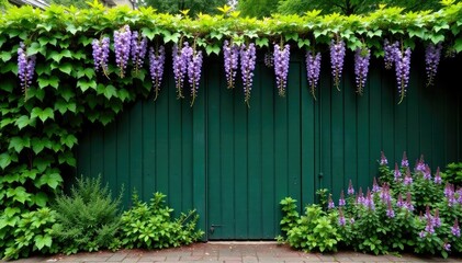 Metal fence covered in ivy and wisteria flowers, plants, landscape, garden decor