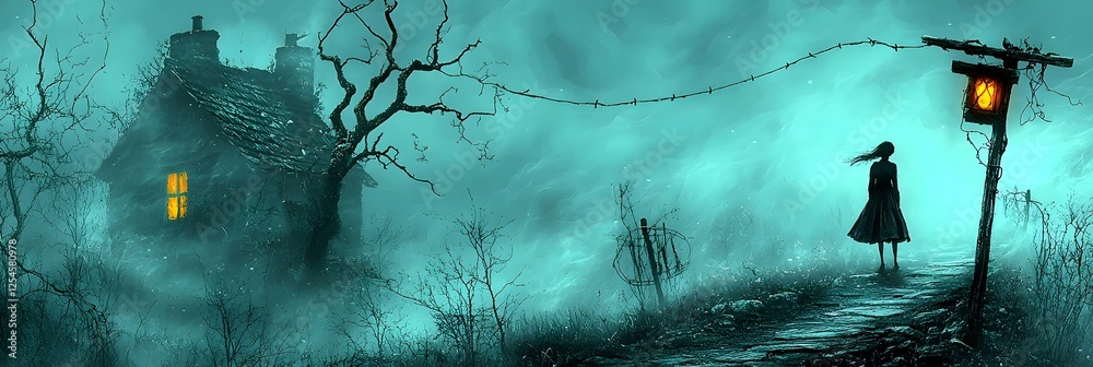 Poster eerie and supernatural scene of a banshee wailing in the misty irish countryside at a haunting night