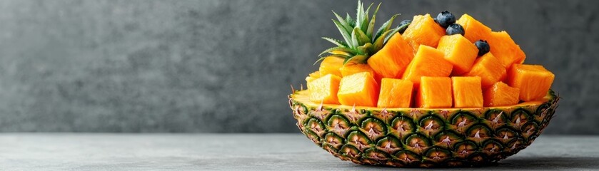 Vibrant Tropical Fruit Salad Served in a Hollowed Out Pineapple Bowl   A Colorful and Refreshing Healthy Snack or Dessert with Natural Ingredients