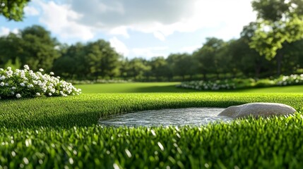 Serene Reflection in a Peaceful Garden Pond Surrounded by Lush Greenery. Generative AI