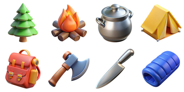 PNG 3d collection of camping, in cartoon style minimal on transparent background, isolate