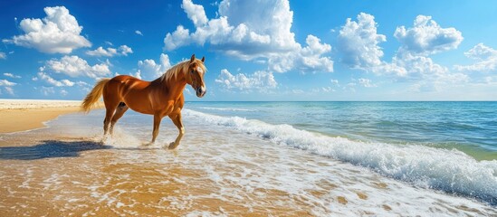 Chestnut horse walking on a sandy beach near ocean waves under a sunny sky.
