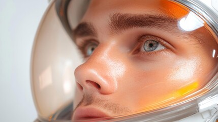 Close-up of a Young Astronaut in a Space Helmet with Clear Blue Eyes. Generative AI
