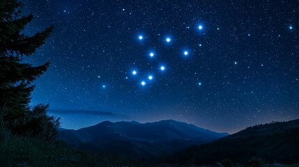 Naklejka premium Starry Night Sky with Constellations over Mountain Landscape