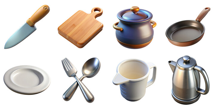 PNG 3d collection of kitchen equipment, in cartoon style minimal on transparent background, isolate