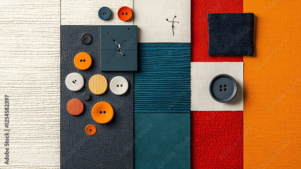 Poster elegantly arranged fabric samples buttons and color palettes on a minimalist background showcasing a