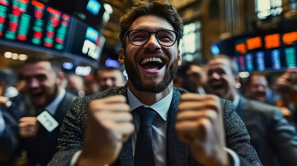 Excited trader celebrating successful stock market transactions with colleagues.
