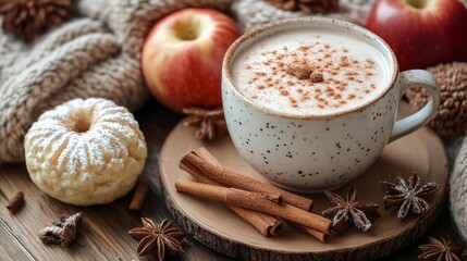Cozy Winter Drink with Cinnamon Apple and Pastries. Generative AI