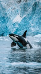 Obraz premium Orca Whale Breaches Ocean Surface Near Iceberg in Blue Landscape