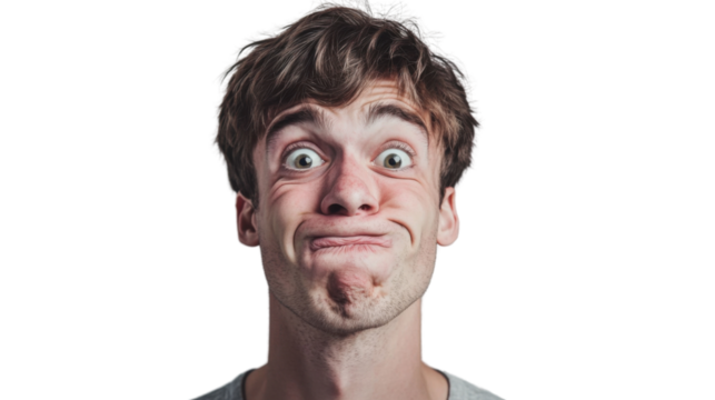 Young man making funny face with transparent background