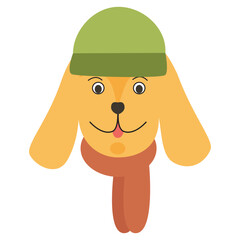 Cute dog in a green hat and scarf. Vector illustration.