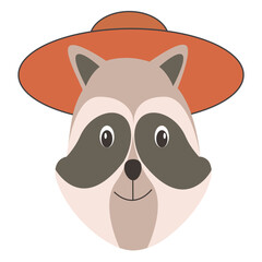 Raccoon face with an orange wide-brimmed hat. Vector illustration.