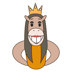 Horse with long hair wearing a crown and smiling. Vector illustration.