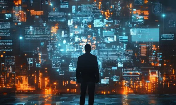 Futuristic Court with Business Executive Presenting Holographic Compliance Evidence