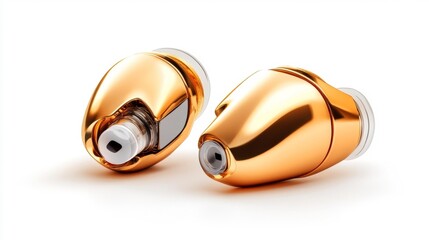 Fototapeta premium High-end golden wireless earbuds with premium design on white background. Generative AI