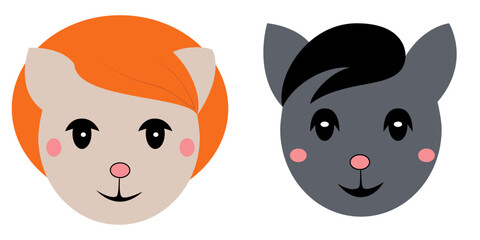 Fototapeta premium Two cute animal faces with orange and black hairstyles.