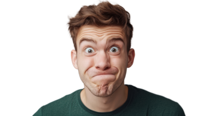 Portrait of young man making funny face on transparent background