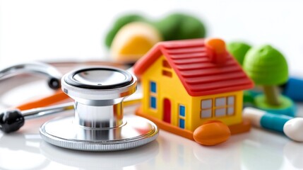 Health and Home Care Concept with Stethoscope and Playful Toy House. Generative AI