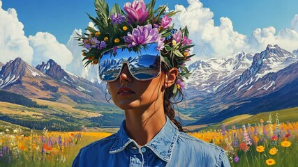 Woman wearing flower crown and mirrored sunglasses in vibrant meadows with mountains and clouds