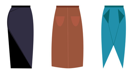  Three skirt designs in black, brown, and teal tones.