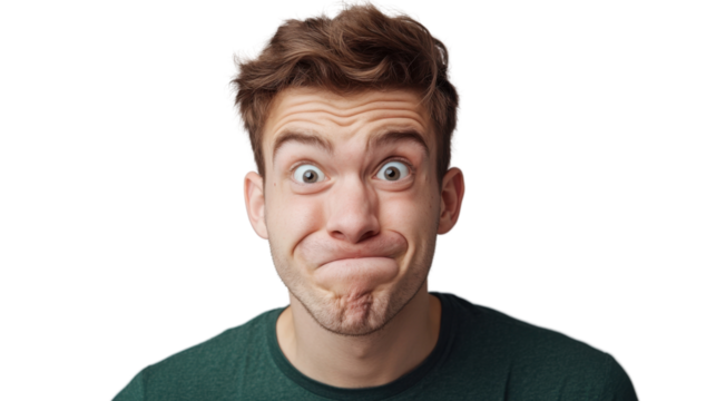 Portrait of young man making funny face on transparent background