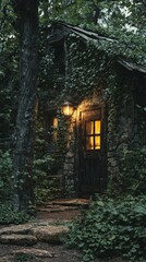 Fototapeta premium Enchanted Stone Cottage Surrounded by Lush Greenery at Dusk