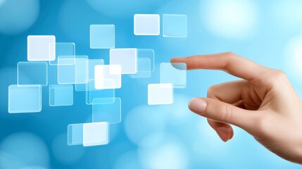 Hand activating button on vivid blue background, a symbol of technological interaction and digital future.