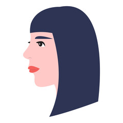 Side profile portrait of a woman with straight blue hair.