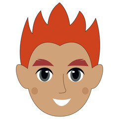 Smiling cartoon portrait of a boy with spiky red hair.