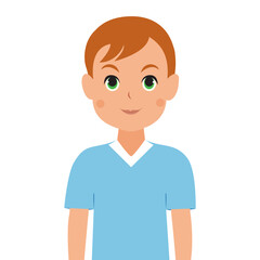 Smiling boy with brown hair wearing a blue shirt and green eyes.
